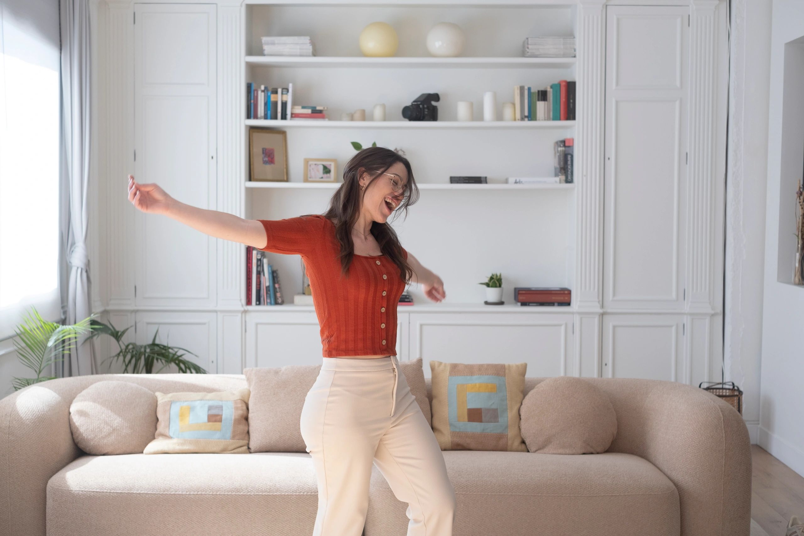 Happy client in a bright living room
