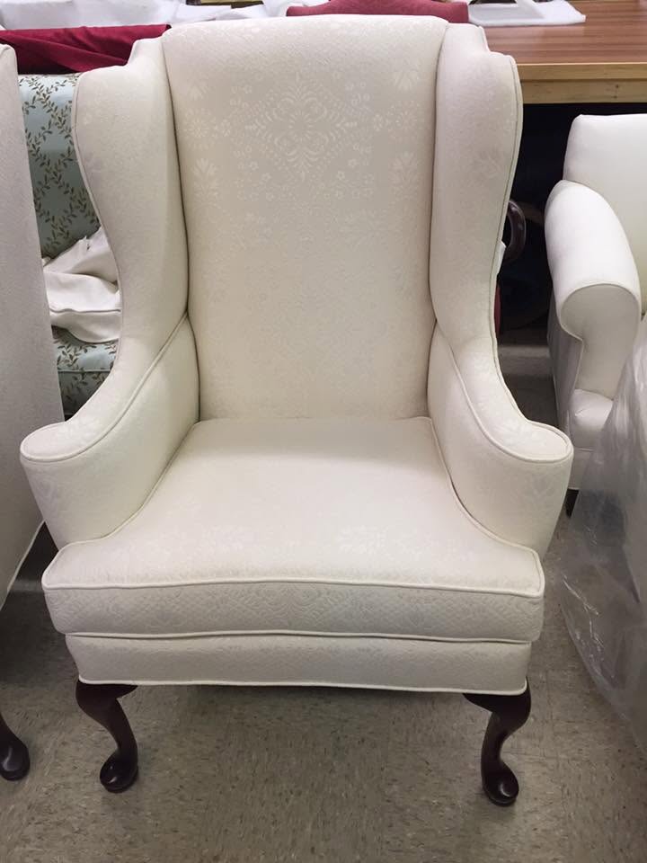 Freshly upholstered accent chair at Coronet Fabric Mills